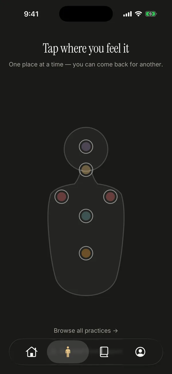 Felti app: the body map, with five tappable zones