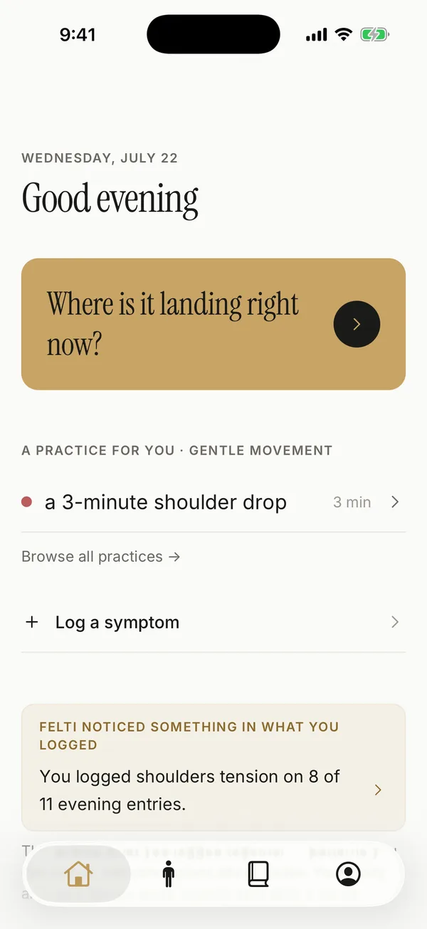 Felti app: the Today screen with a suggested shoulder practice