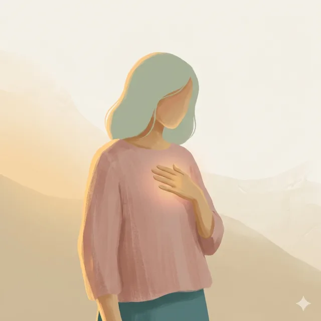 A woman resting a hand on her chest in warm light — paying attention to her body.